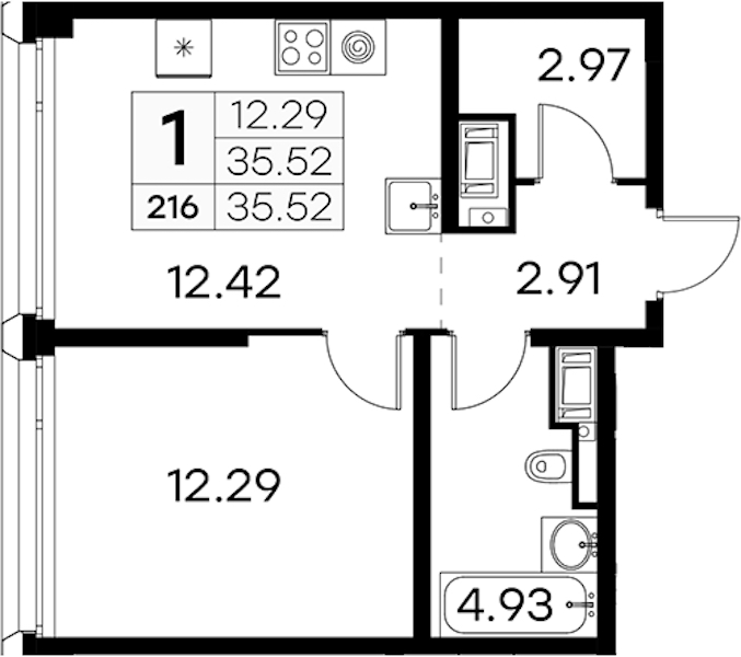 1-комнатная квартира 35.52 м², 18/19 эт., ЖК «GloraX Aura Vasileostrovsky»